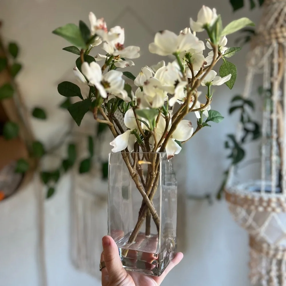 Faux Dogwood Flower Arrangement | White Silk Flowers in Glass Vase Home Decor